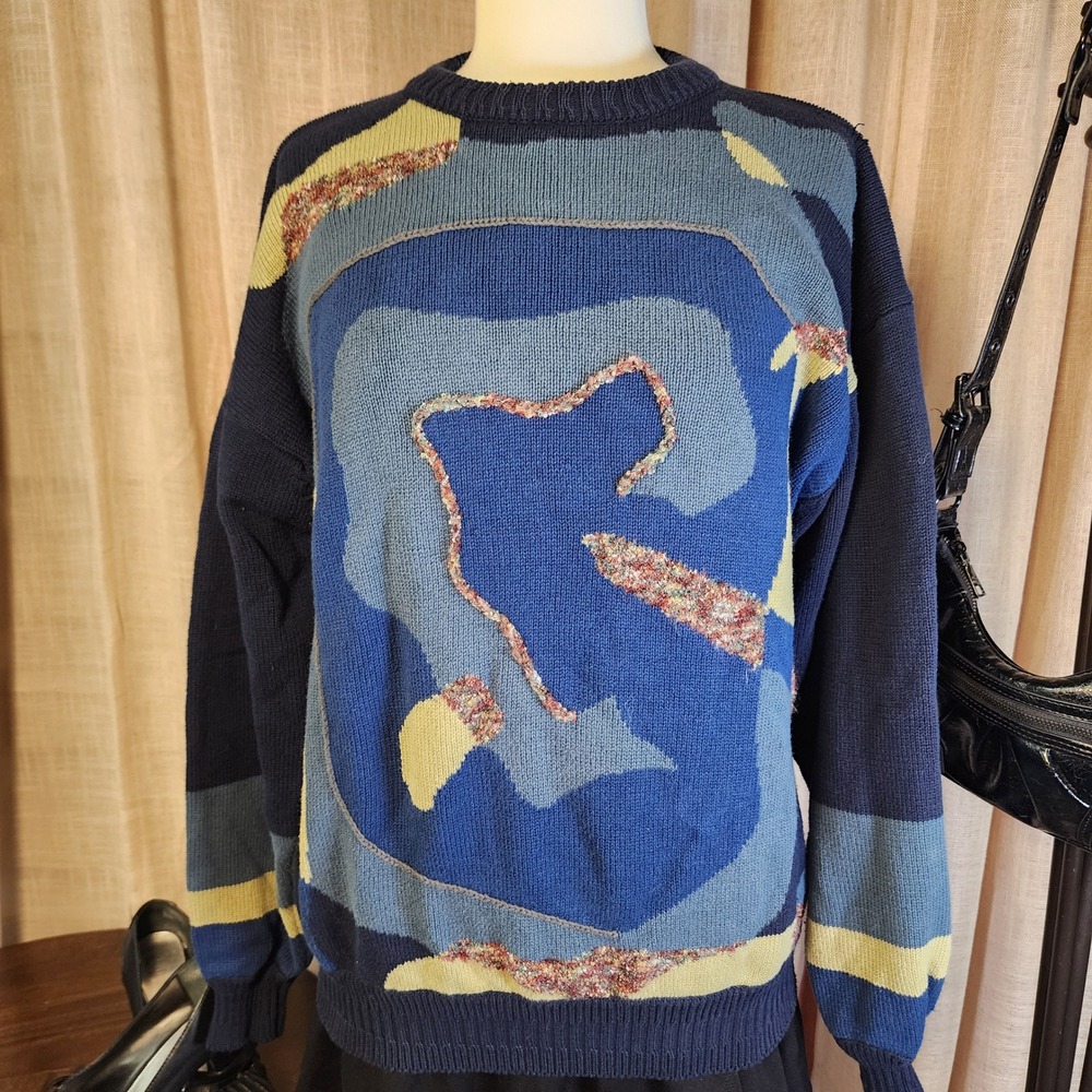 Free by Falke Vintage Abstract Geometric Knit Sweater Blue Yellow Multi Size L